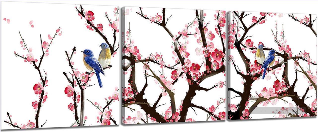 oiseaux en fleur de prune dans les panneaux de Set Peintures à l'huile